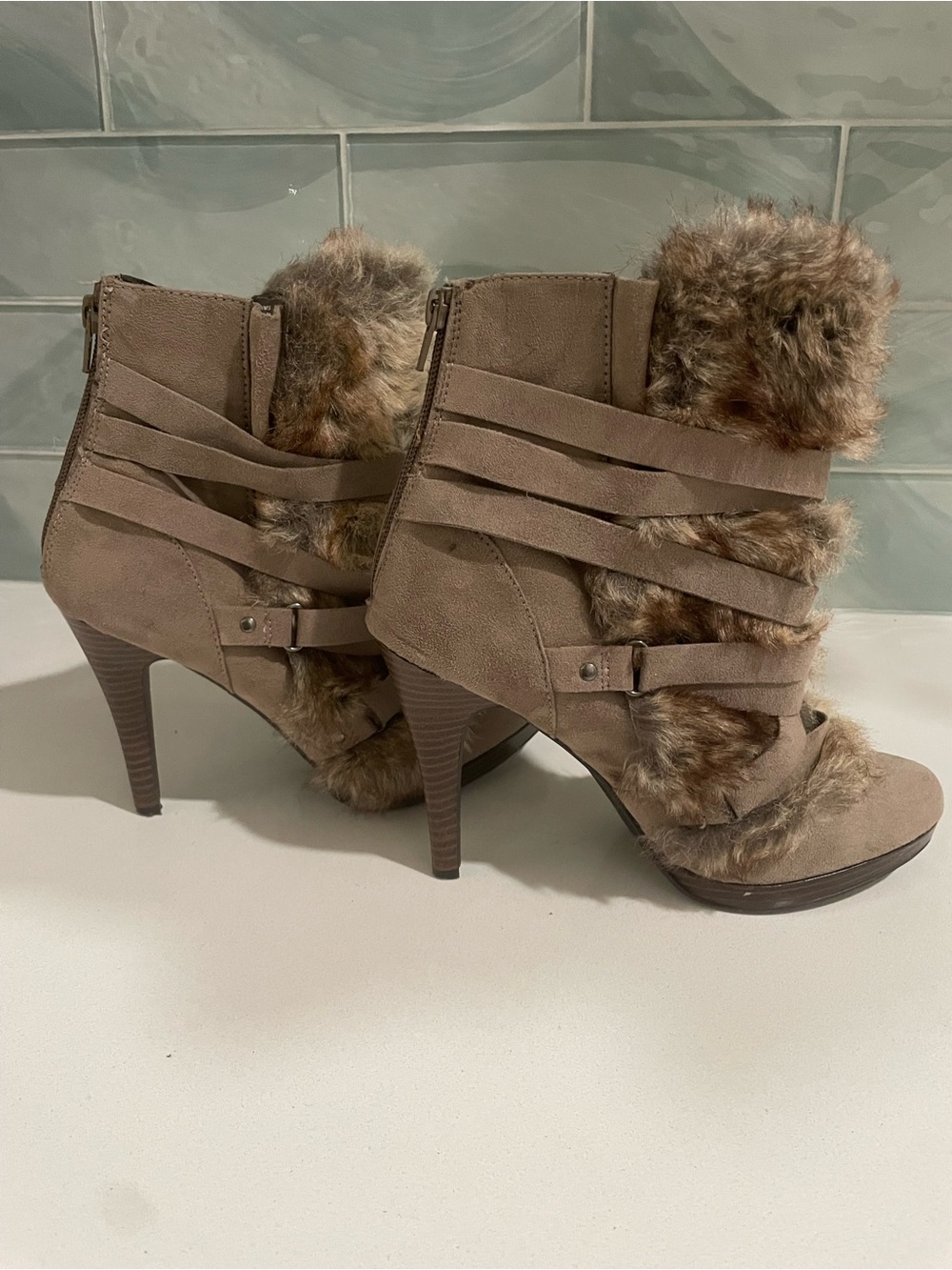 ELLE Women's Taupe Faux-Fur Strappy High-Heel Booties
